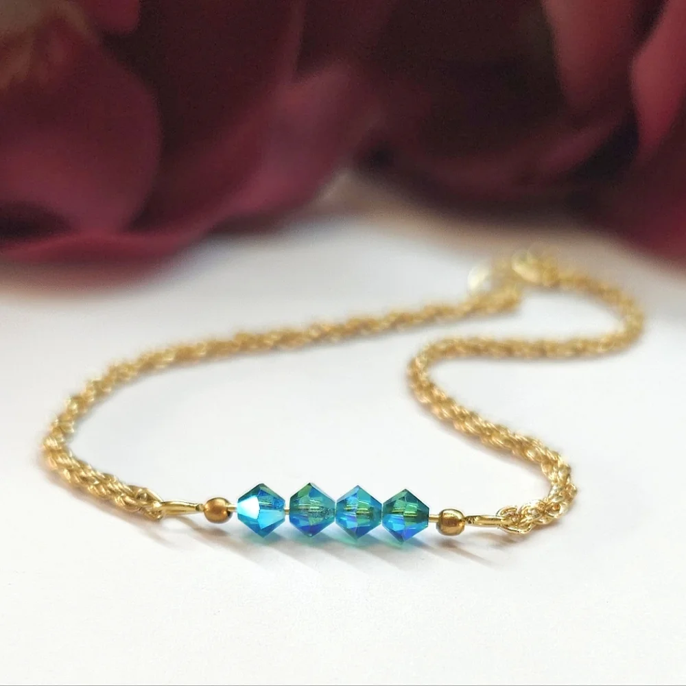 Handmade Teal Blue AB Crystal Bar Bracelet Gold Chain